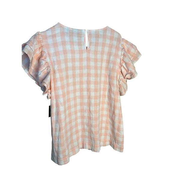 Ella Rafaella Linen Blend Plaided Flutter Short Sleeve Top Peach Melba Large NEW - Picture 5 of 8